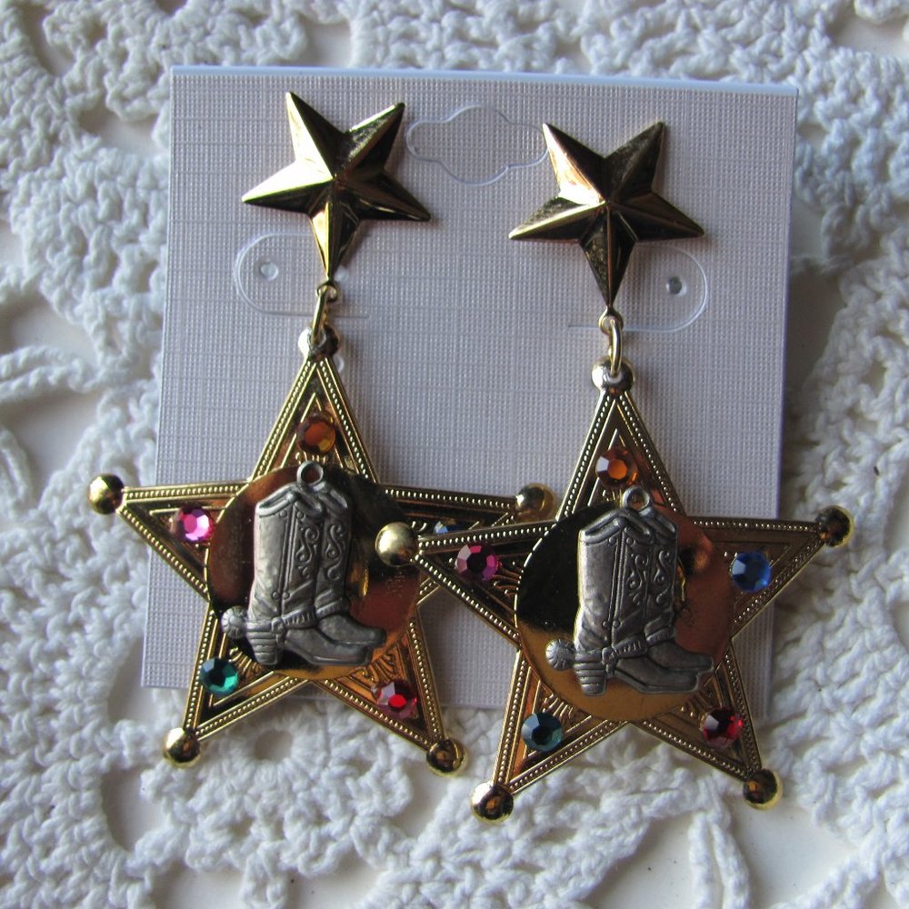 WESTERN BADGE STYLE STAR EARRINGS DANGLES NIP